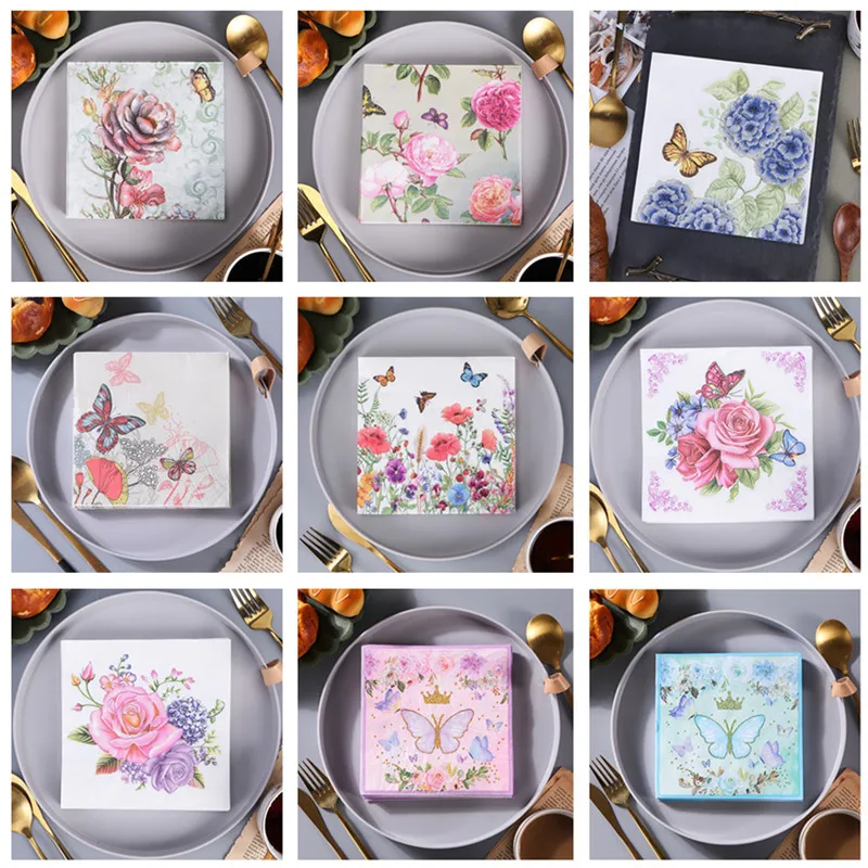 Flower Butterfly Printed Paper Disposable Tableware Napkin Tissues 20Pcs/pack 33x33cm Wedding Party Decoration