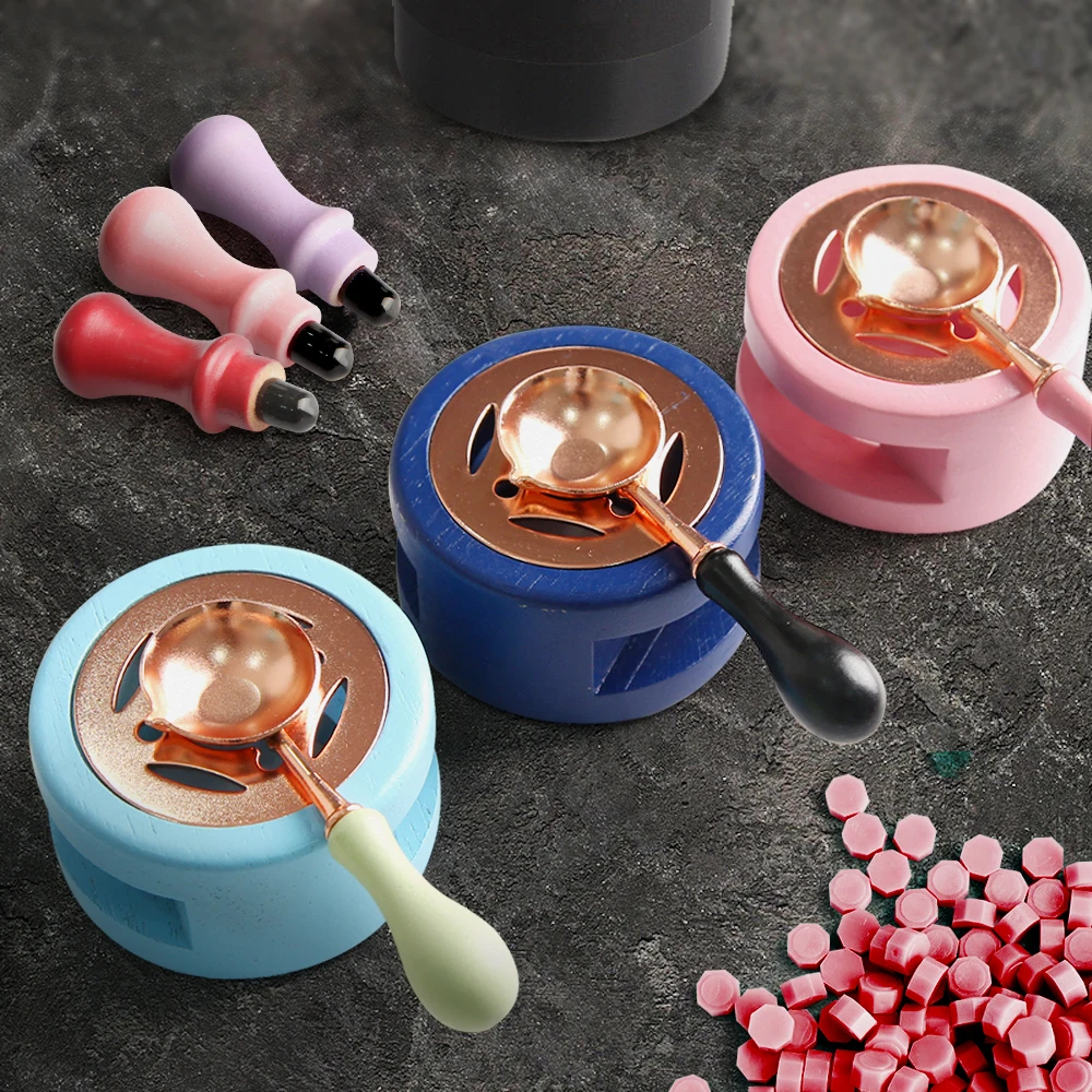 2PCS Wax Seal Stamp Set Lacquer Furnace with Spoon Wax Seal Melting Furnace  Solid Wood Melting Heater Wax Pot Bead Stick Heater