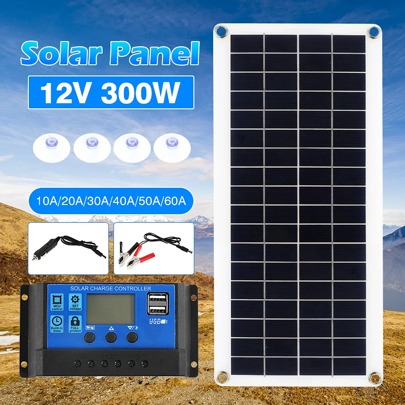 

Dual USB 300W 12V Solar Panel Kit Complete 30A 60A Charge Controller Cell for RV Camper Charger Outdoor Supply