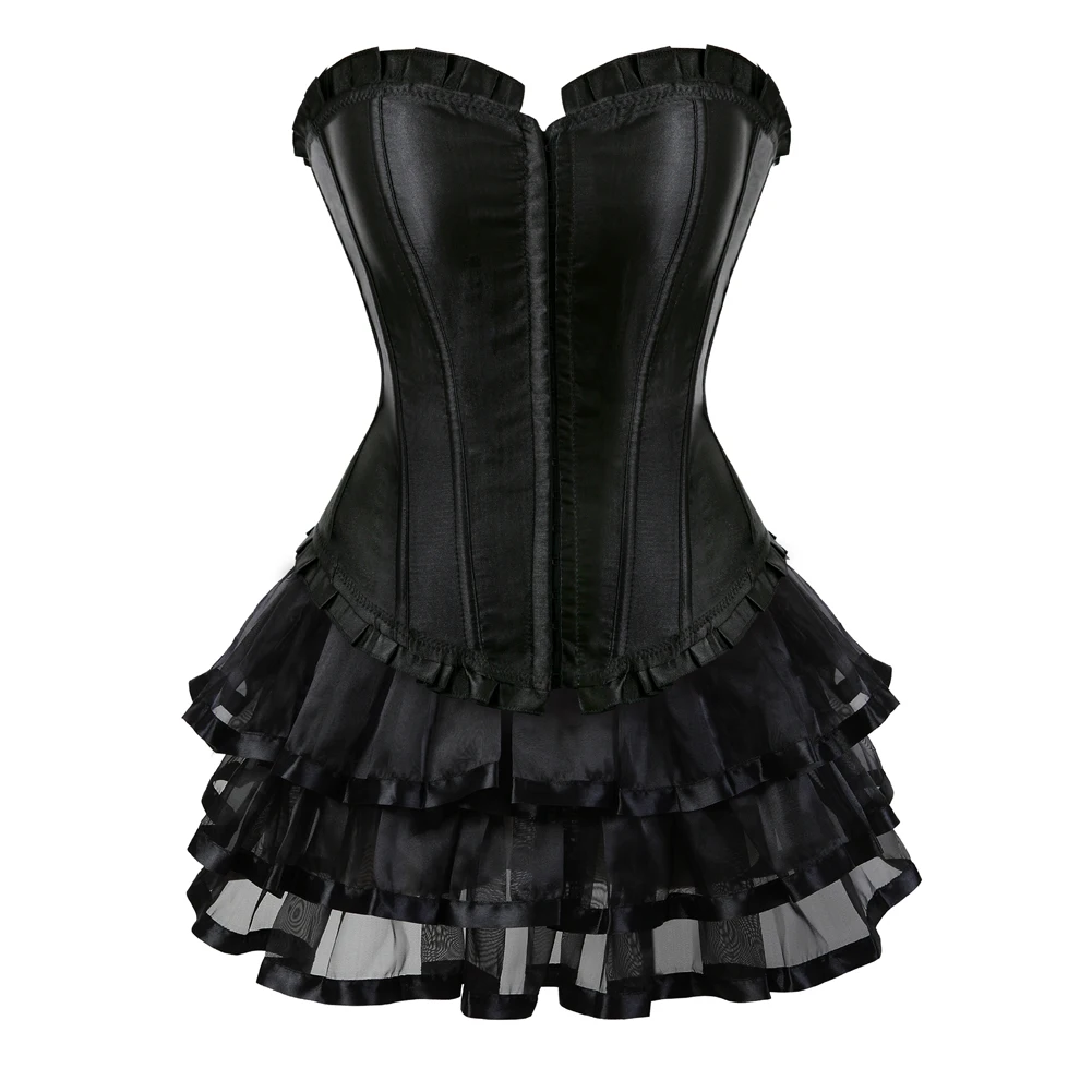 

Corset Dress Sexy lace up Overbust fashion Ruffles black corset top with Steampunk Tutu Skirt Set Halloween Costume plus size