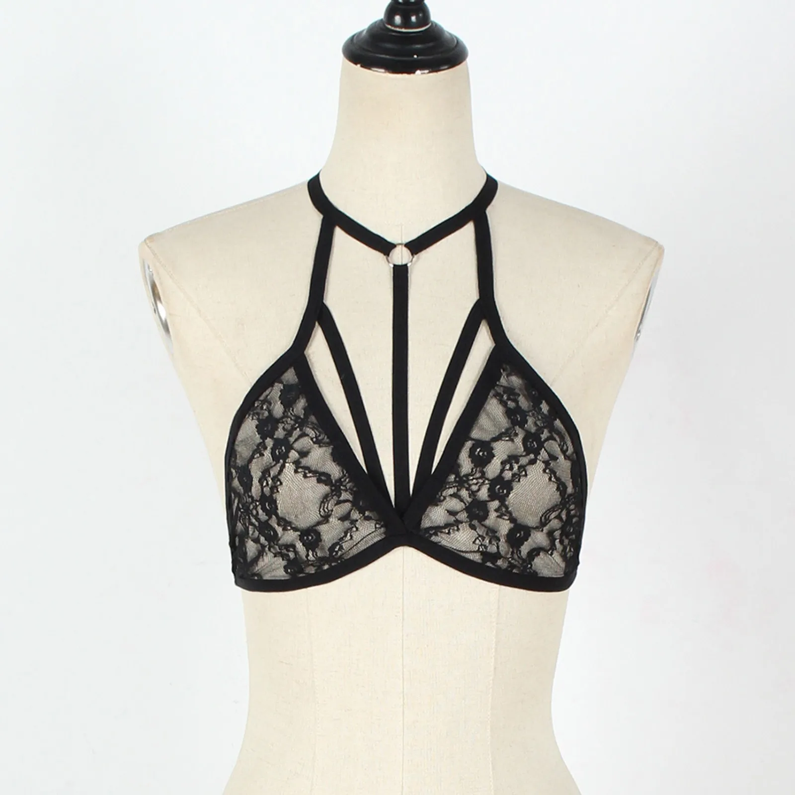 Women Halter Neck Bra Elastic Cage Bra Lace Lingerie Sexy Hot Erotic Criss Cross Back Bustier Lingerie Open Cup Push Up