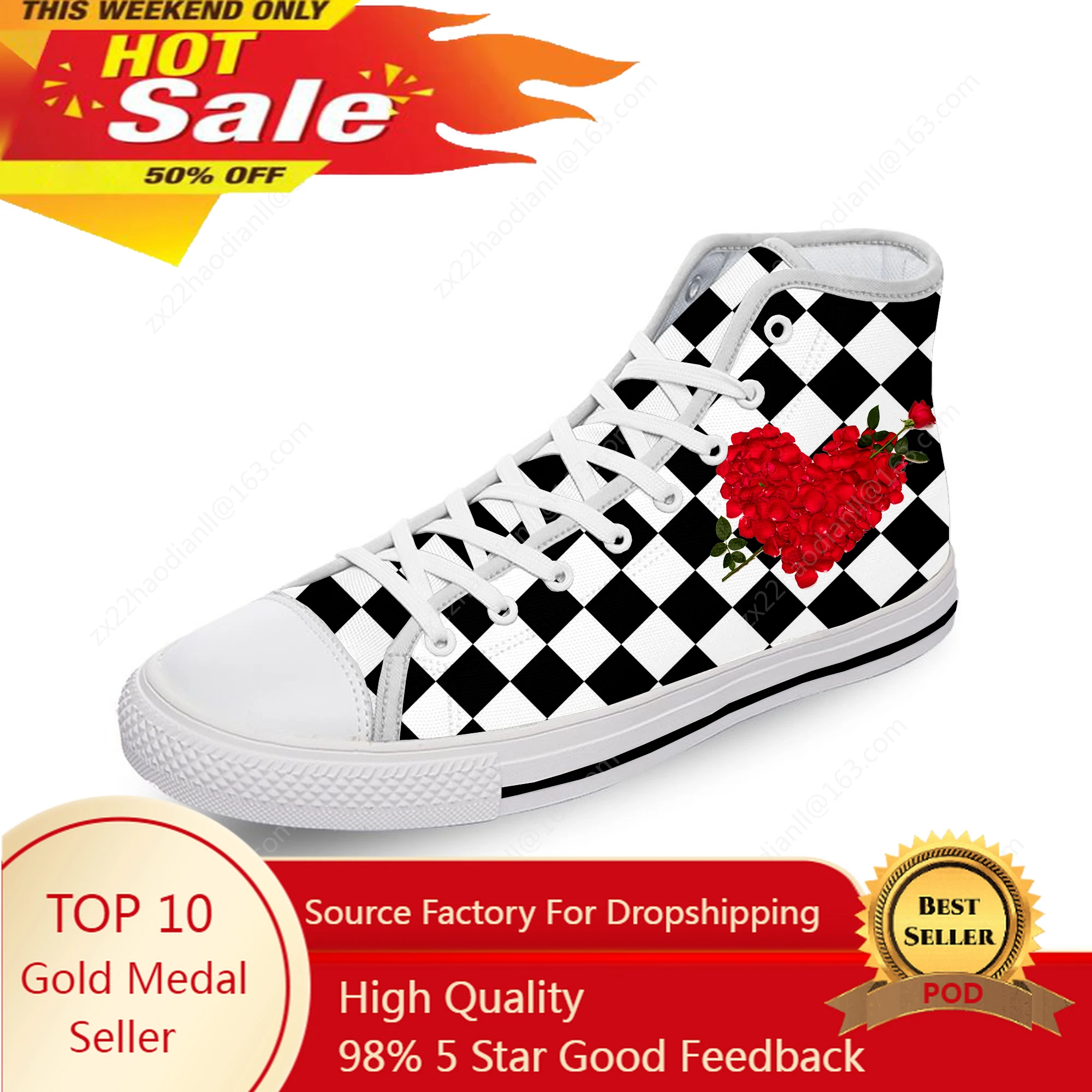 

Black And White Squares Rose Flower White Cloth Fashion 3D Print High Top Canvas Shoes Men Women Lightweight Breathable Sneakers