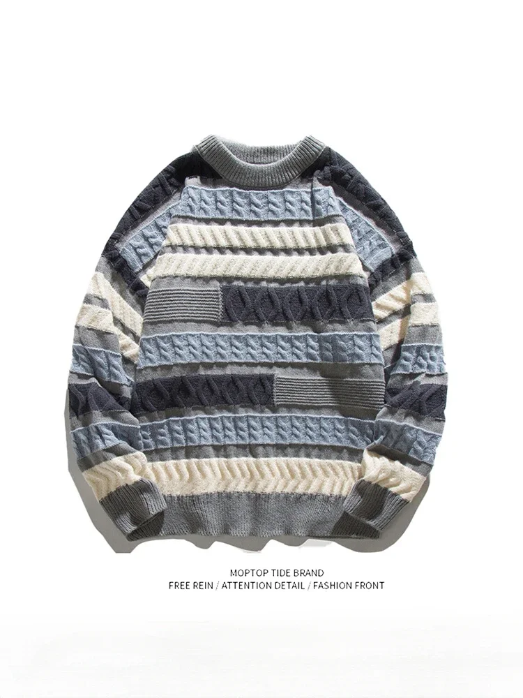 

Autumn Winter Long-sleeved Striped Pullover Sweaters Men's O-neck Irregular Contrasting Color Jacquard Thickened Warm Knitwear