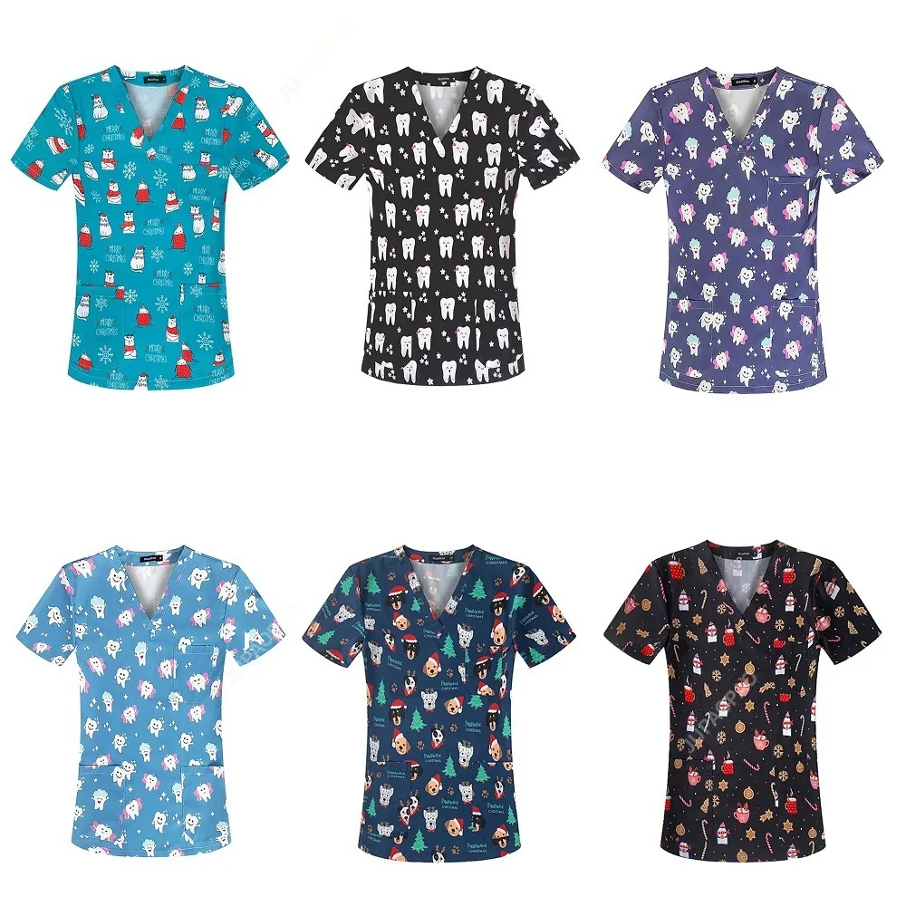 

Beautician Workear Unisex Cartoon Print Breathable Scrub Tops Lab Uniform Scrub Shirt Lady Men Dustproof Work Uniform Christmas