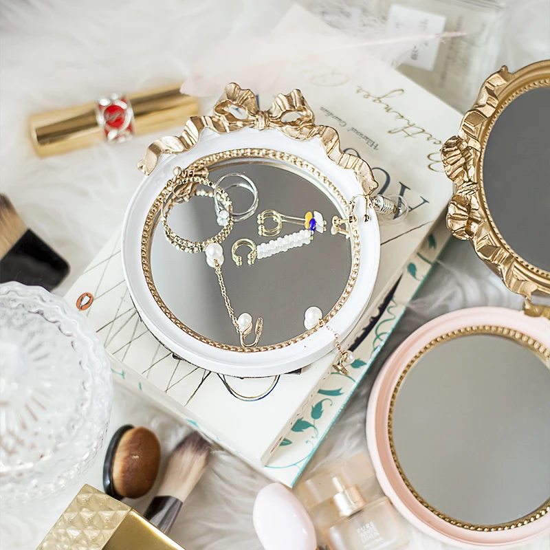 Retro Bow Round Mirror European Tray Jewelry Storage Tray Photo Props Mini Makeup Mirror Living Room Decoration Accessories