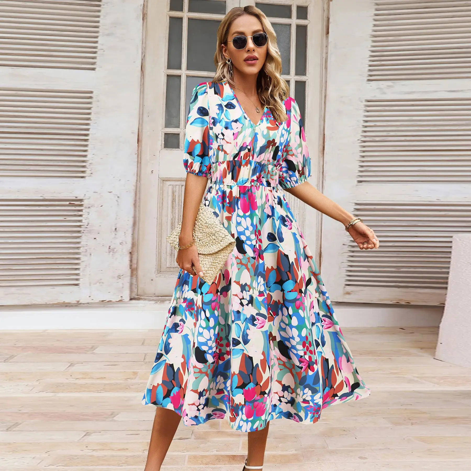 

High Quality Summer Women's V-neck Bohemian Printed Dress A-line Popular Vestido Elegante Vintage Maxi Long Sexi Night Dress Hot