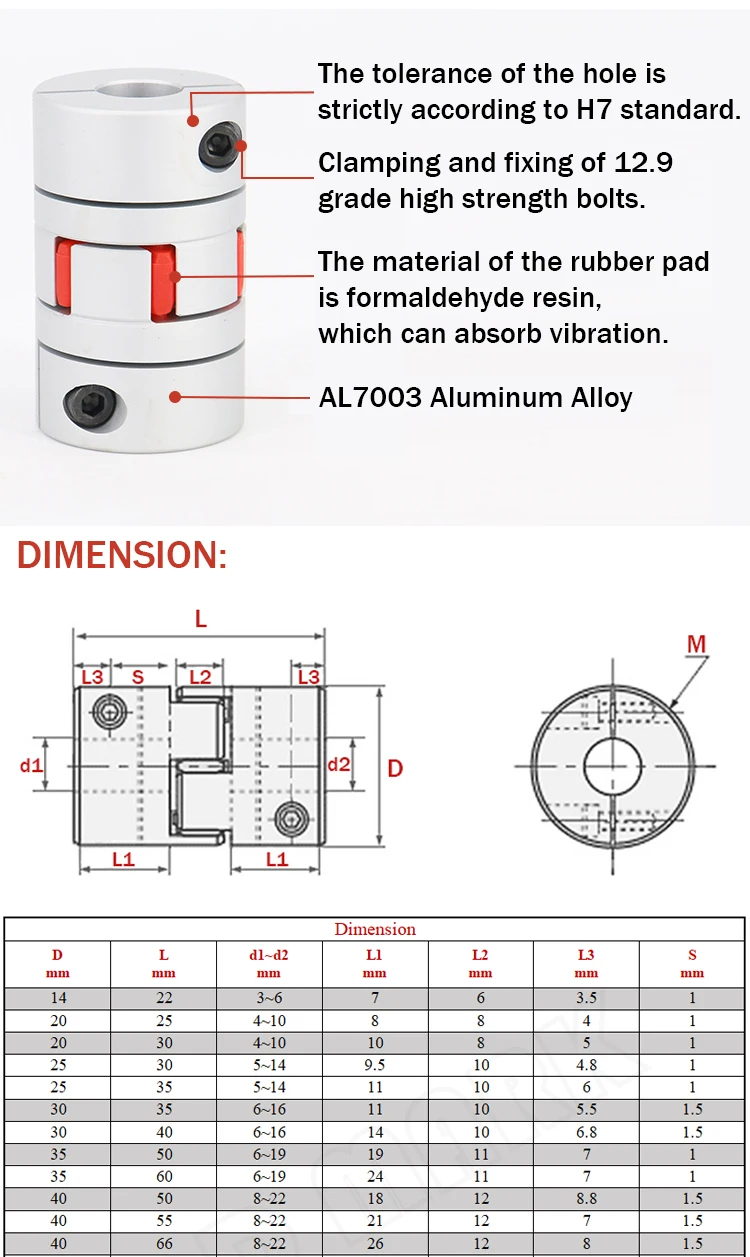 Description Picture 3 of itemD40 L50 Flexible Plum Clamp Coupler Size 8/10/12/14/16/18/20/22mm Jaw Shaft Coupling
