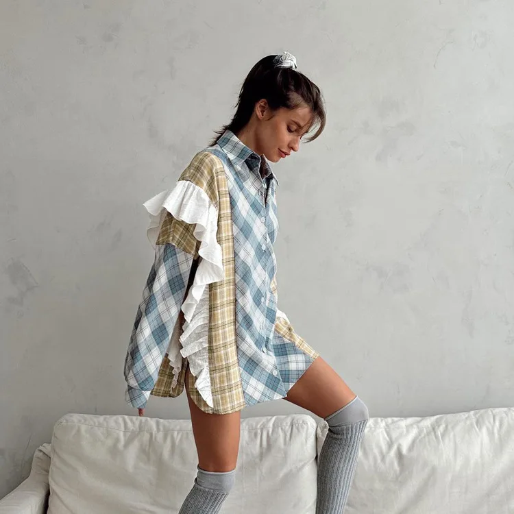 Ruffled Fashion Patchwork Shirts Women's Long Sleeve Lapel Cardigan Striped Contrast Clothes For Women Summer Shirts Coat