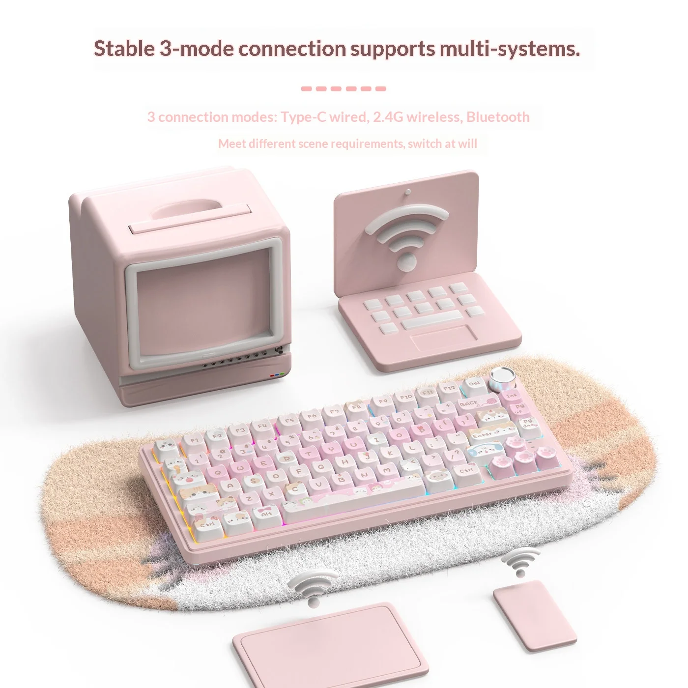 SUMREDA M75 핑크 귀여운 무선 기계식 키보드 게이밍 75% 블루투스 2.4G 유선 RGB 핫스왑 게이머 비접촉식 키보드