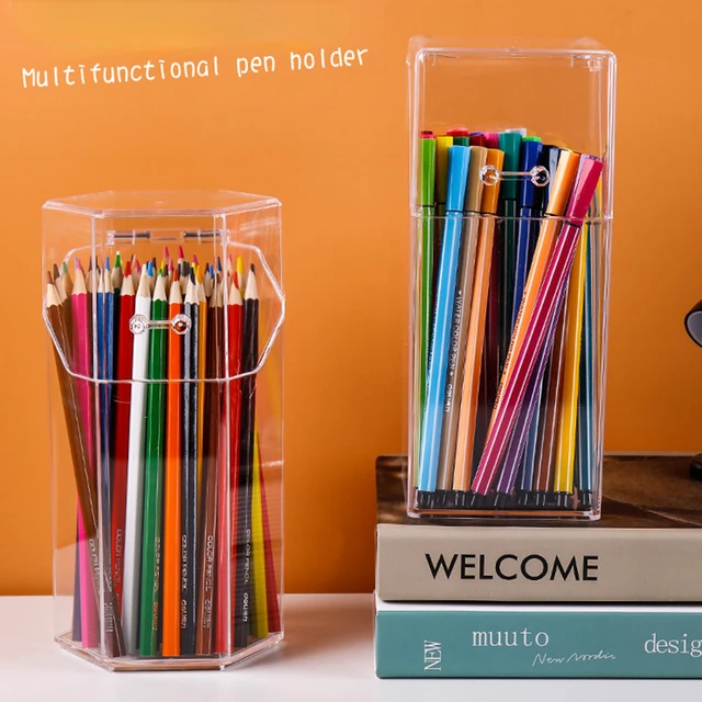 Transparent Fashion Creative Pen Holder Storage Box with Cover Dust-proof Large-capacity Student Office Desktop Organizer 3