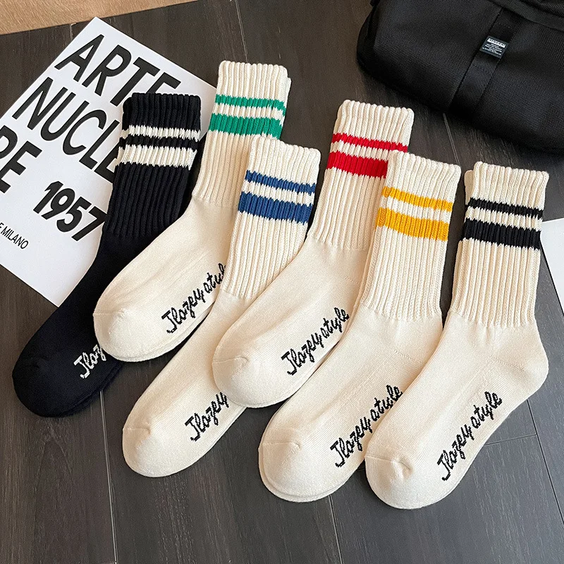 

Stripe Fashion White Retro Socks Men Street Korea Hip Hop Skateboard Cotton Socks Breathable Harajuku Calceines