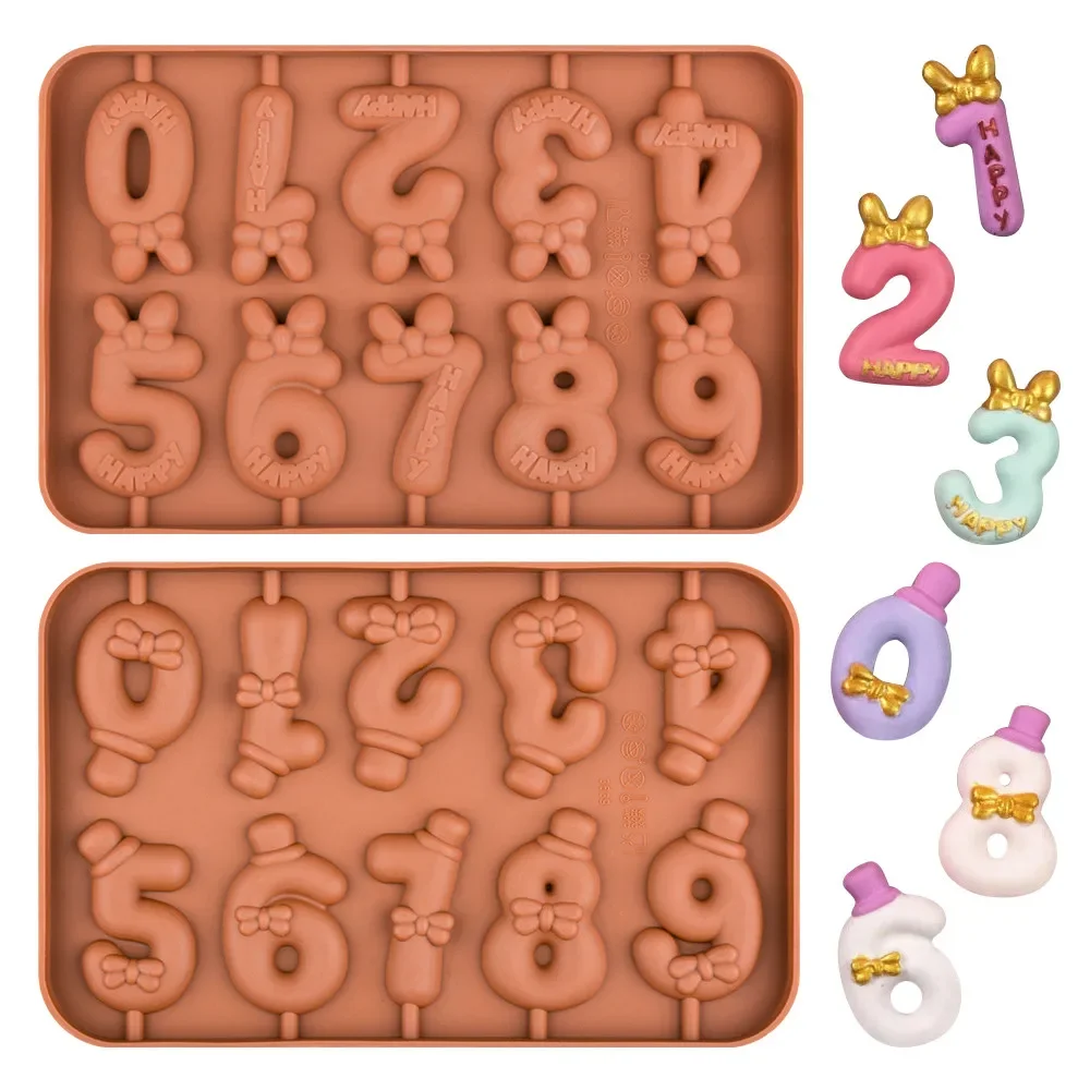 

Numbers 0-9 Lollipop Mold Silicone Hard Candy Molds Cartoon Bowknot Topper Stick Mold for Birthday Cake Decoration