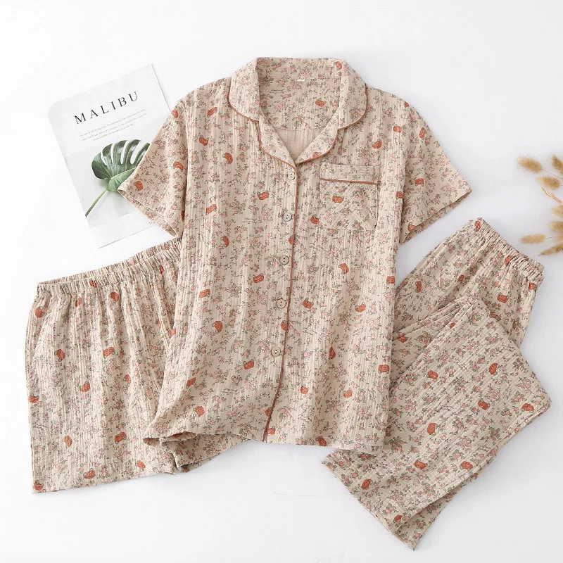 Summer Women's 3-Piece 100% Gauze Cotton Pajama Set - Short-Sleeved Top, Long Pants & Shorts