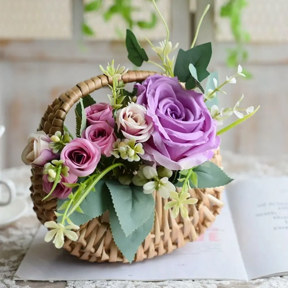 Willow Rattan Flower Girl Baskets Yellow Woven Basket Flower Arrangement Basket Handmade Sturdy Wicker Half Moon Baskets Wedding 2
