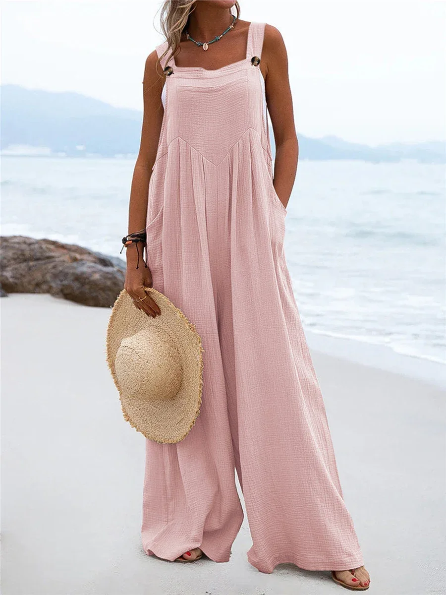 Overalls for Women Summer Jumpsuit Outfits Plus Size Solid Color Casual Button Wide Leg Suspender Pants with Pockets