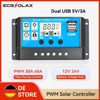 ECGSOLAX 30A 60A PWM Solar Charge Controller 12V 24V Battery Regulator Solar Panel Regulator Dual USB 5V/2A Charging Controller