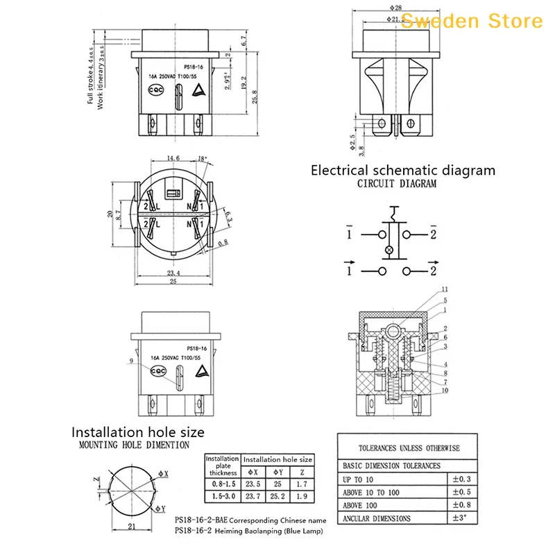 1pc 레드 푸시 버튼 스위치 라이트 4 핀 터치 전원 스위치 16A 250V 전기 라운드 로커 스위치 28*23.2mm PS18-16-2