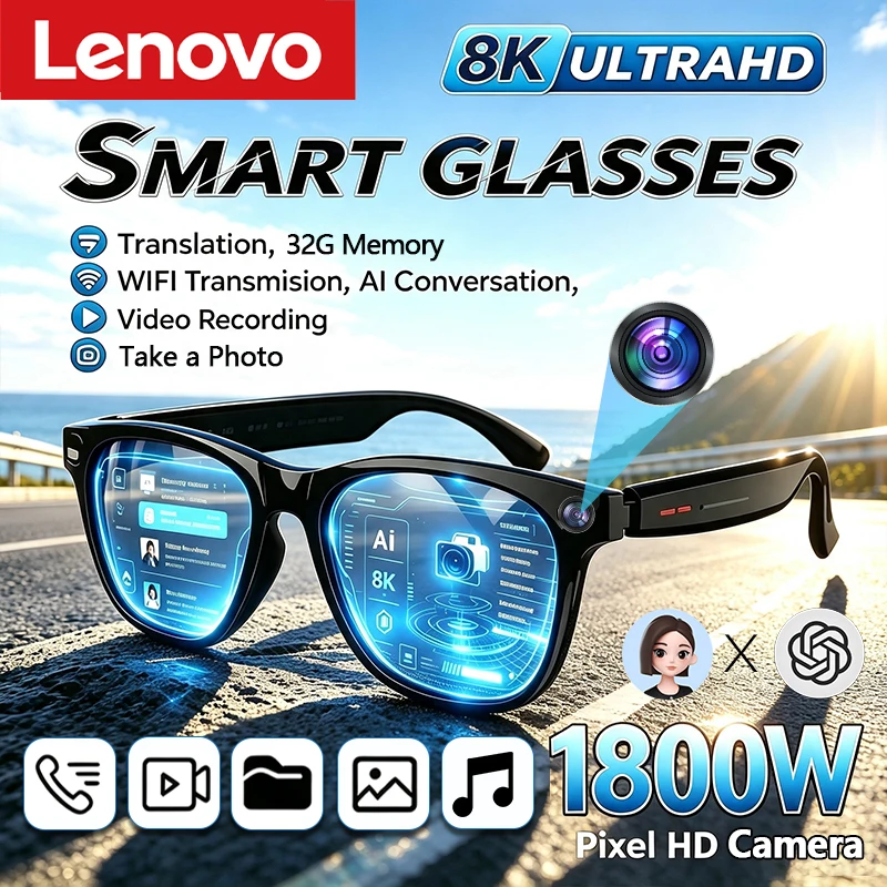 Lenovo AI Smart Glasses 8K Remote Control Touch Photo Camera Recording Listen To Music Translator Voice Assistant Smart Sunglass 1