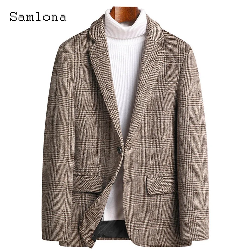 2024 Primavera Moda Blazer Monopetto Plaid Cappotti Uomo Vintage Manica Lunga Tasche Con Patta Hommes Capispalla Chic Vestes Blazer