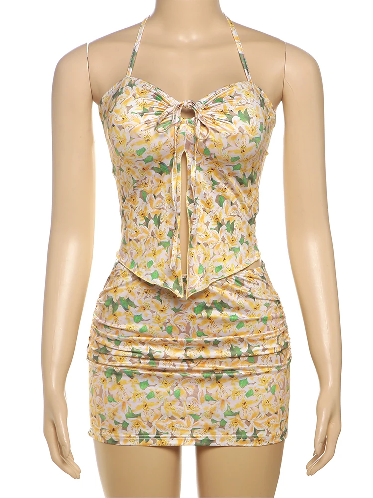 Nibber Sexy Floral Print Women 2 Piece Set Elegant Halter Shirring Tube Camisole+Peach Hip Skirts Sweet Vacation Matching Suits