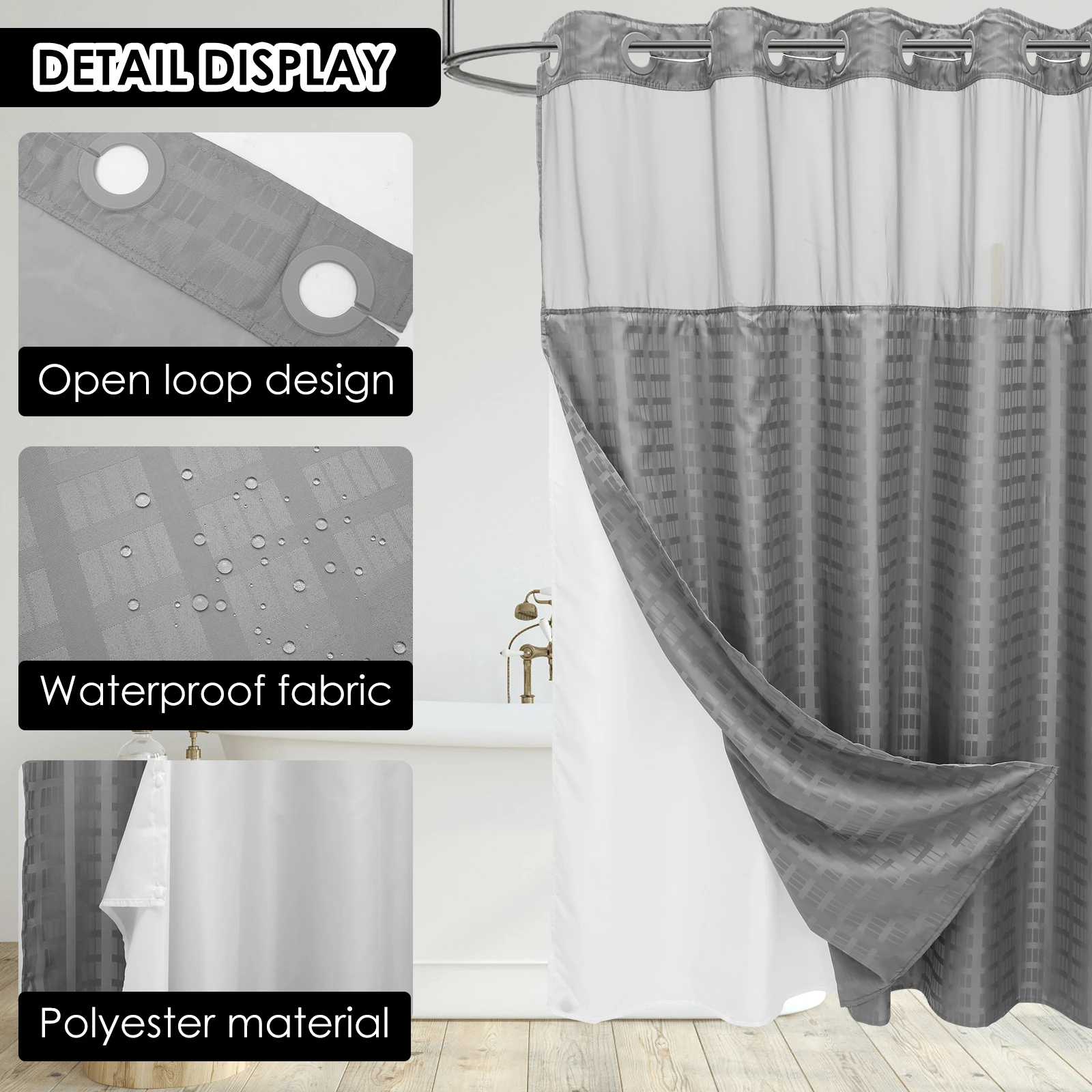 Waterproof Shower Curtain 180x188cm No Hook Shower Curtain Double Layer with Snap Contemporary Design Hotel Bathroom Curtain