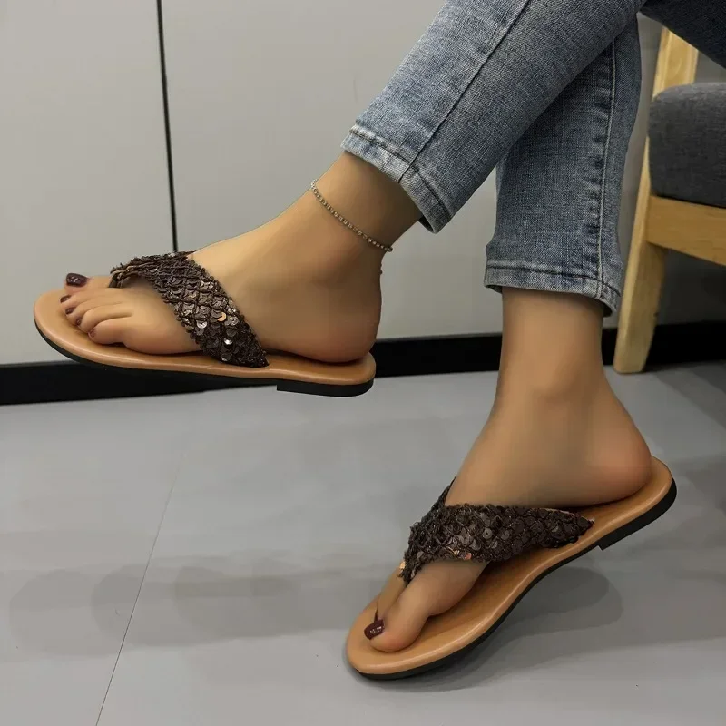 

Шлепанцы женские с блестками, однотонные сандалии на низком каблуке, открытый носок, Уличная обувь, большие размеры, лето 2023