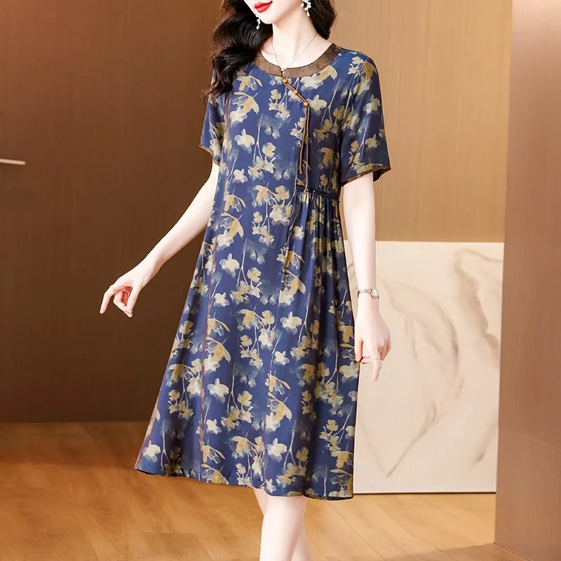 

Summer Floral Silk Satin Short Sleeve Midi Dress Korean Elegant Bodycon Party Vestidos Women Fashion Casaul Dress