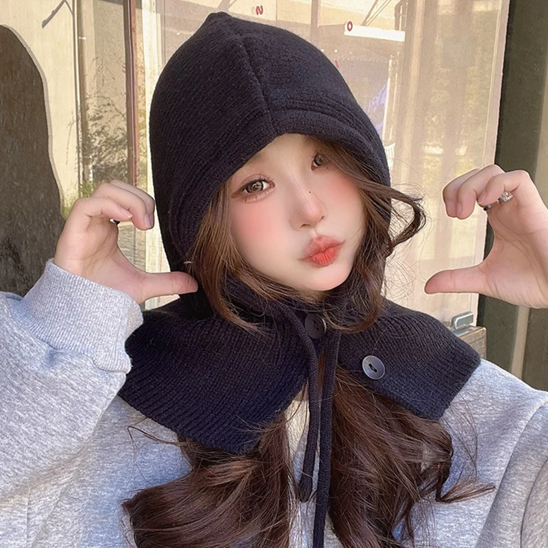 Winter Hat With Hood & Scarf Knitted Balaclava Beanie For Women & Girls Warm Breathable Adjustable-Grey High Guality