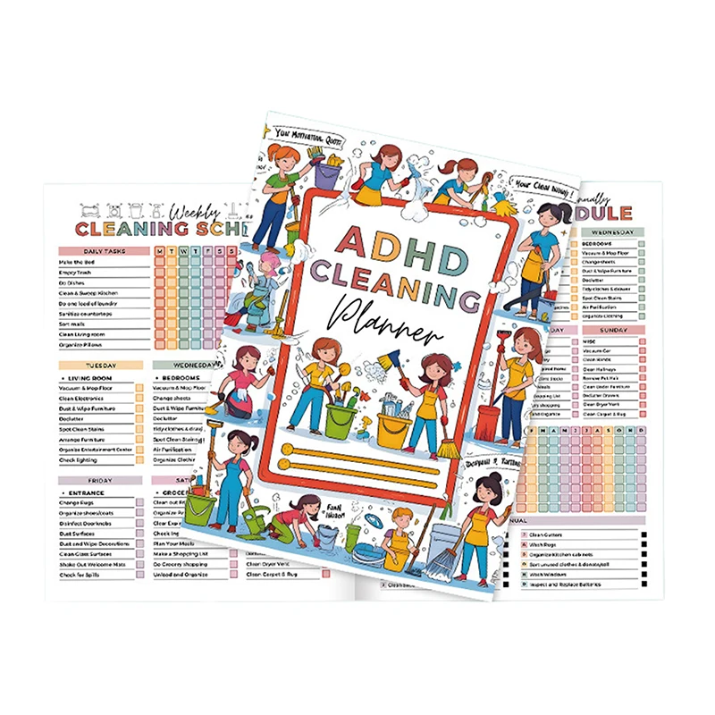 새로운 청소 플래너: ADHD가 있는 성인, 여성, 어린이를 위한 가정용 일일 청소 일정 및 체크리스트 정리 노트