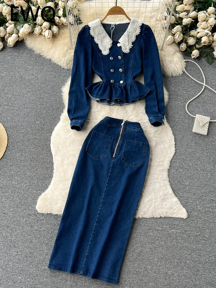 

EWQ Sweet Casual Women Two-piece Set Solid Color Peter Pan Collar Lace Flower Denim Skirt Suit Spring Summer 2023 New SN0973