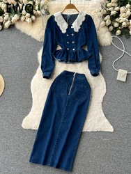 EWQ Sweet Casual Women Two-piece Set Solid Color Peter Pan Collar Lace Flower Denim Skirt Suit Spring Summer 2023 New SN0973