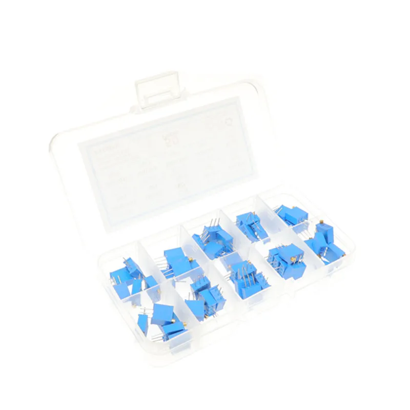 10valuesX5pcs = 50pcs 3296W 멀티 턴 트리머 전위차계 키트 3296 가변 저항 500R 1K 2K 5K 10K 20K 50K 100K 200K 1M + Box