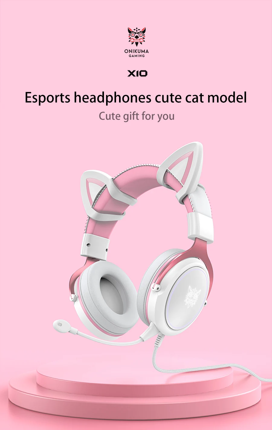 Headset Gamer ONIKUMA X10 Branco Rosa, Orelha de Gato destacável, Com fio, Microfone - ROLKO tech