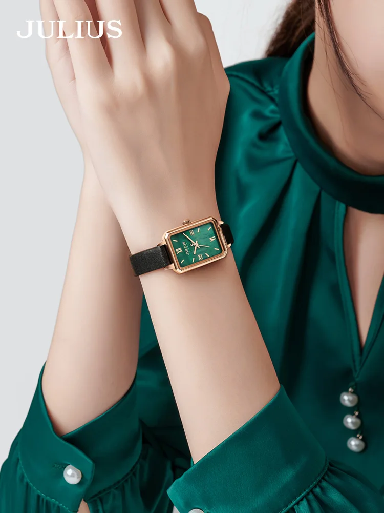 

JULIUS Watch JA-1255 тонкие женские зеленые часы с кожаным ремешком стильные модные наручные часы для дам дропшиппинг