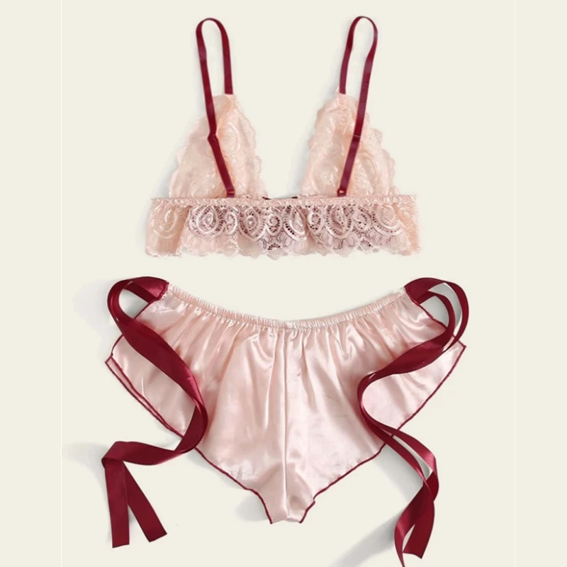 

Sexy Two Piece Lingerie Set Babydoll Pajamas Women Lace Triangle Bralette Bra+Lace Up Bowknot Shorts Satin Sleepwear Underwear
