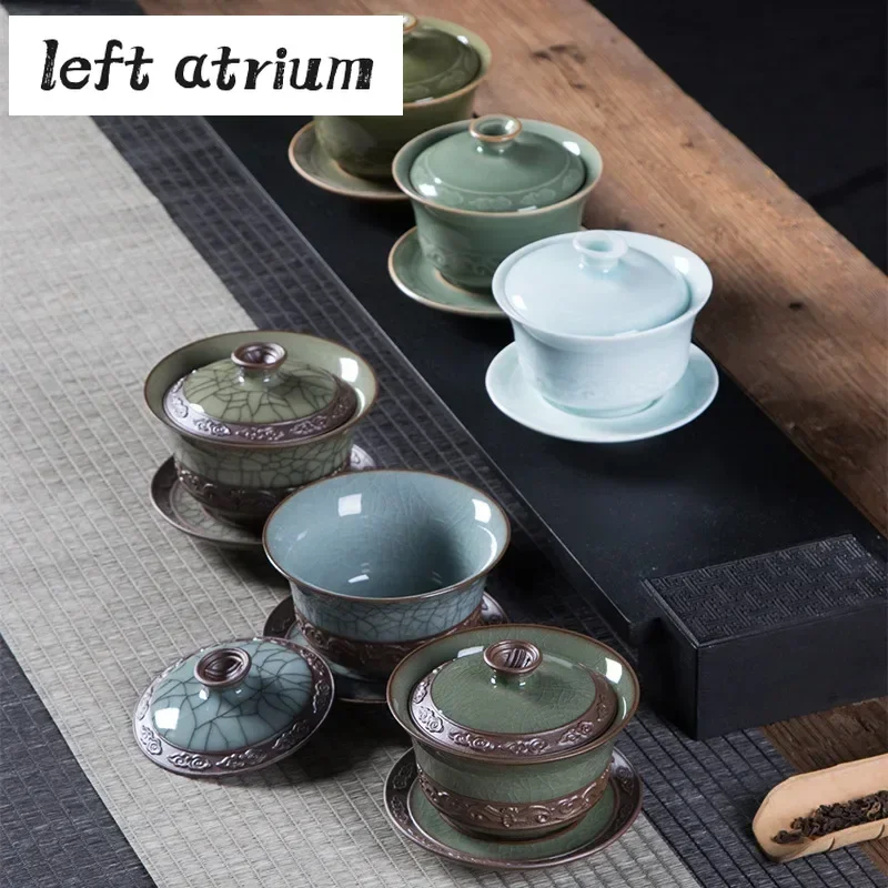 200ml Longquan Celadon Cover Bowl Ge Kiln Ice Cracking Hand Grab Bowl with Lid Kung Fu Teaset Sancai Cover Tea Maker Gaiwan