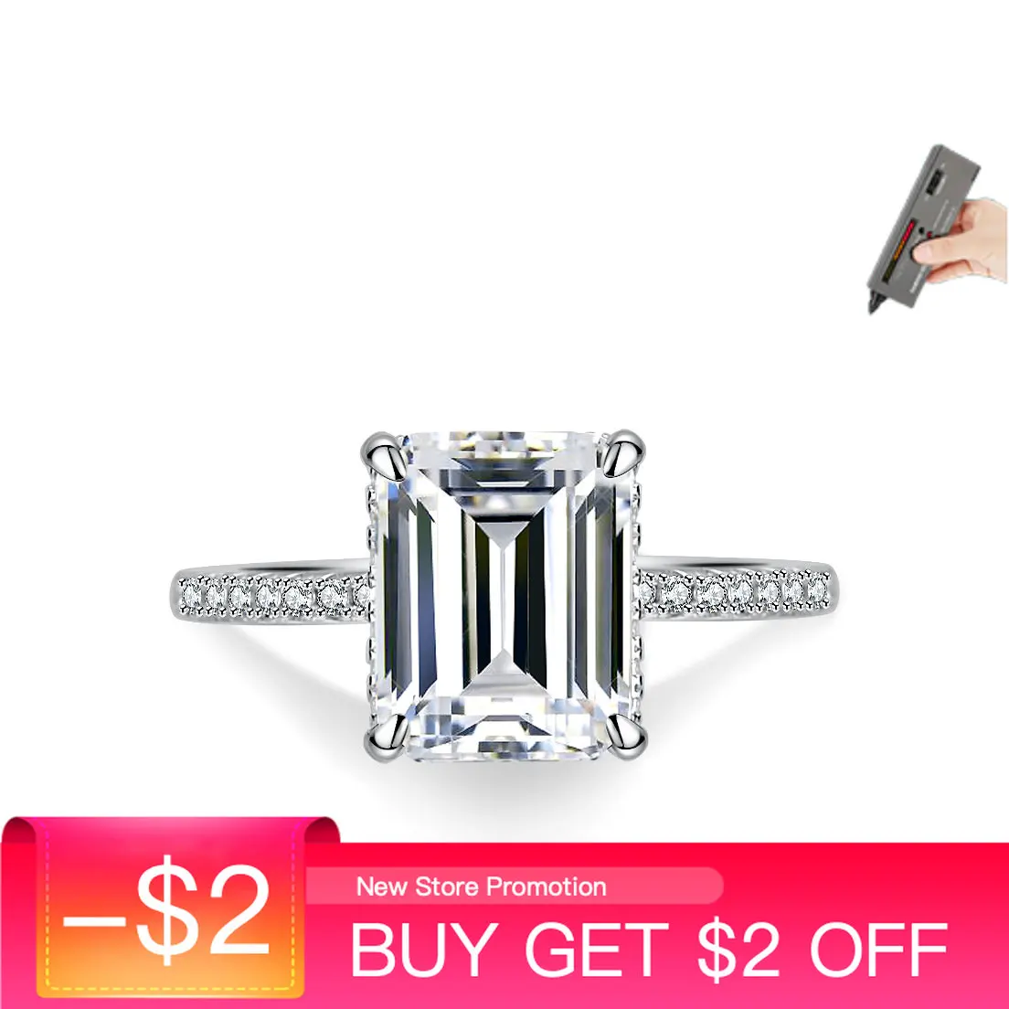 

4 Carat Emerald Cut Moissanite Ring S925 Silver Plated Platinum Women's Simple Rectangular Proposal Engagement Ring