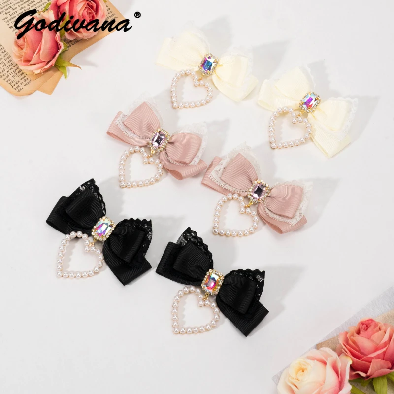 Japanese Mass-Produced Bowknot Pearl Heart Lace Hairpin Sweet Girl Pink Barrettes Pair of Hairclips Women Hair Clips japanese mass produced mine style pearl heart rhinestone pendant mini barrettes a pair of hairclips accessories handmade hairpin