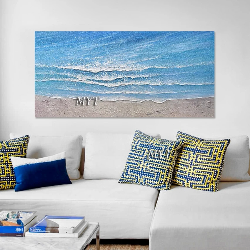 

Sea Wave Oil Painting Decoration Blue White Design Abstract Beach Canvas Artwork Frameless Landscape Picture Art Wall Hanging