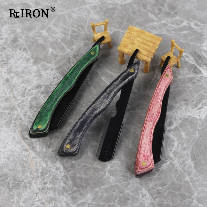 

RIRON Barber Shaving Trimmer Wooden Handle Manual Folding Hair Beard Shaver Men's Straight Edge Razor Replaceable Blade