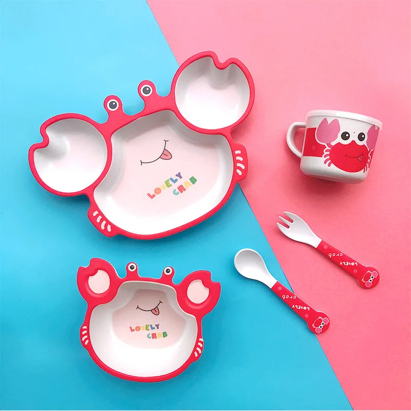 

5Pcs/Set Bamboo Fibre Kids Dinnerware Set, Children Dishes, Food Plate Bowl Cup Spoon Fork Dishware, Cartoon Tableware BPA Free