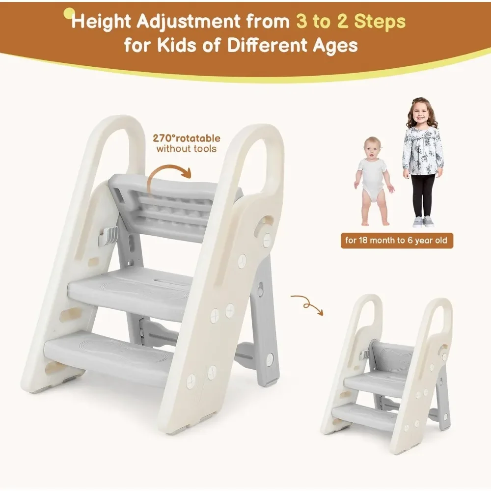 Foldable Step Stool for Bathroom Sink, Adjustable 3 Step Stool for Kids Toilet Potty Training with Handles, Child