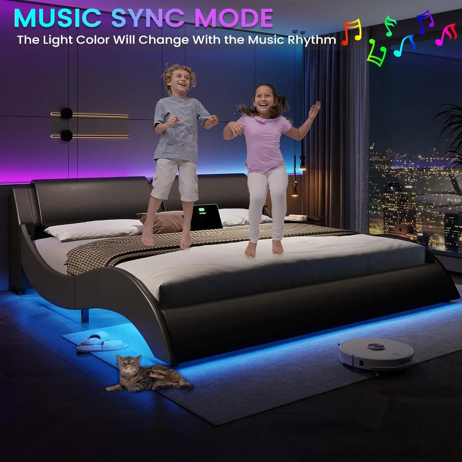 King Size Bed Frame with Headboard and Charging Ports Modern Low Profile King Platform Bed Frame with LED Lights Wave Like 6