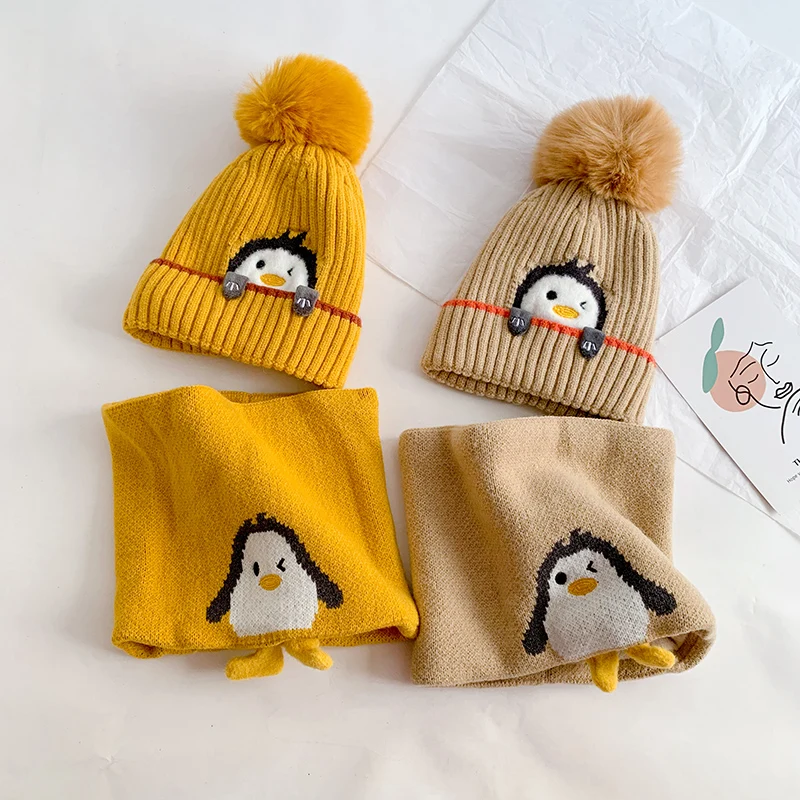 Kids Beanie Hat Scarf Set Winter Thicken Warm Children Cap Cute Penguin Photography Props Boys Girls Winter Villus Hat Scarf Set red octopus head cover hat children photography props photo props cute plush cartoon head cover performance props