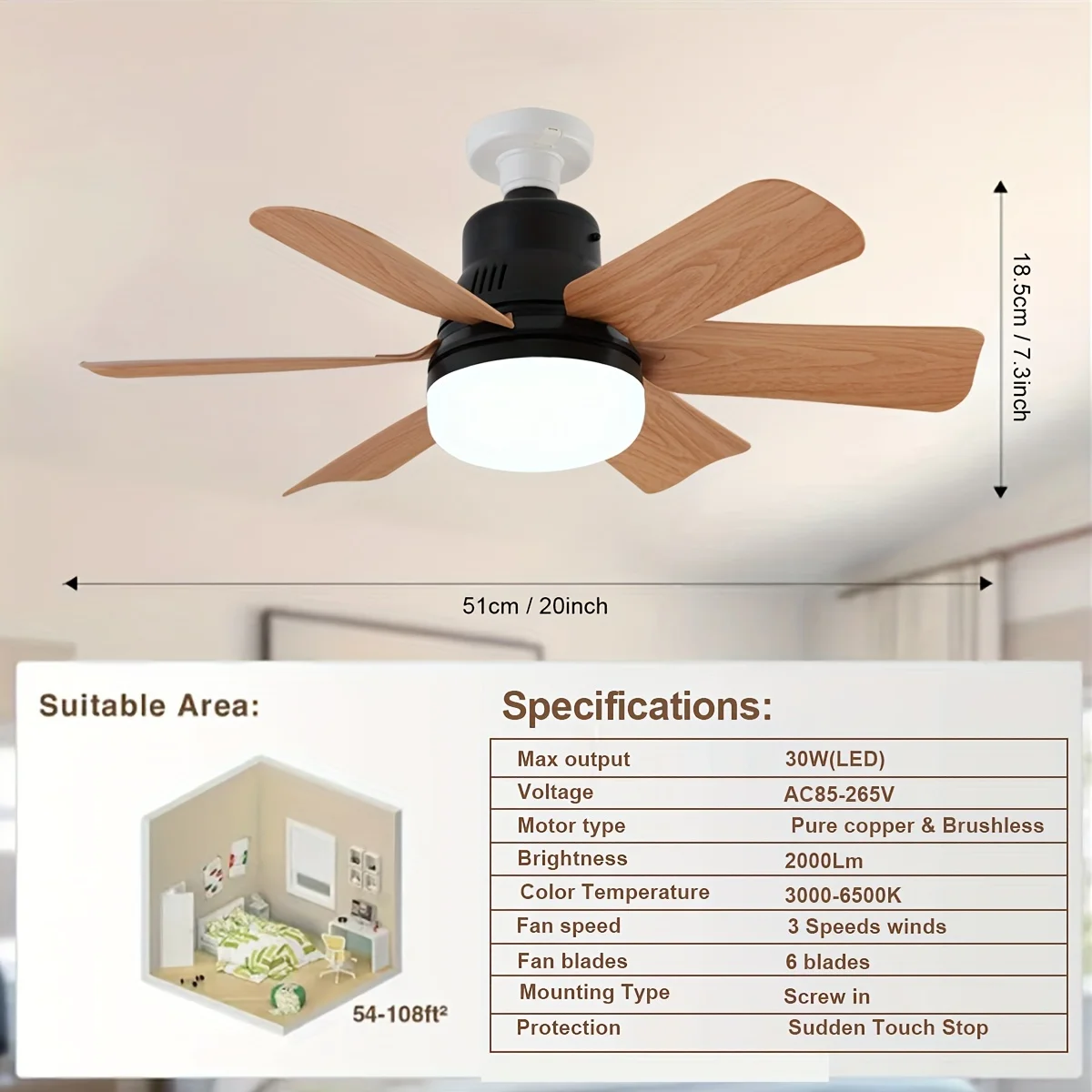 LED 40W Socke Ceiling Fan with Light 20.5in Screw Ceiling Fan with Lights Remote For Edroom/Garage/Kitchen