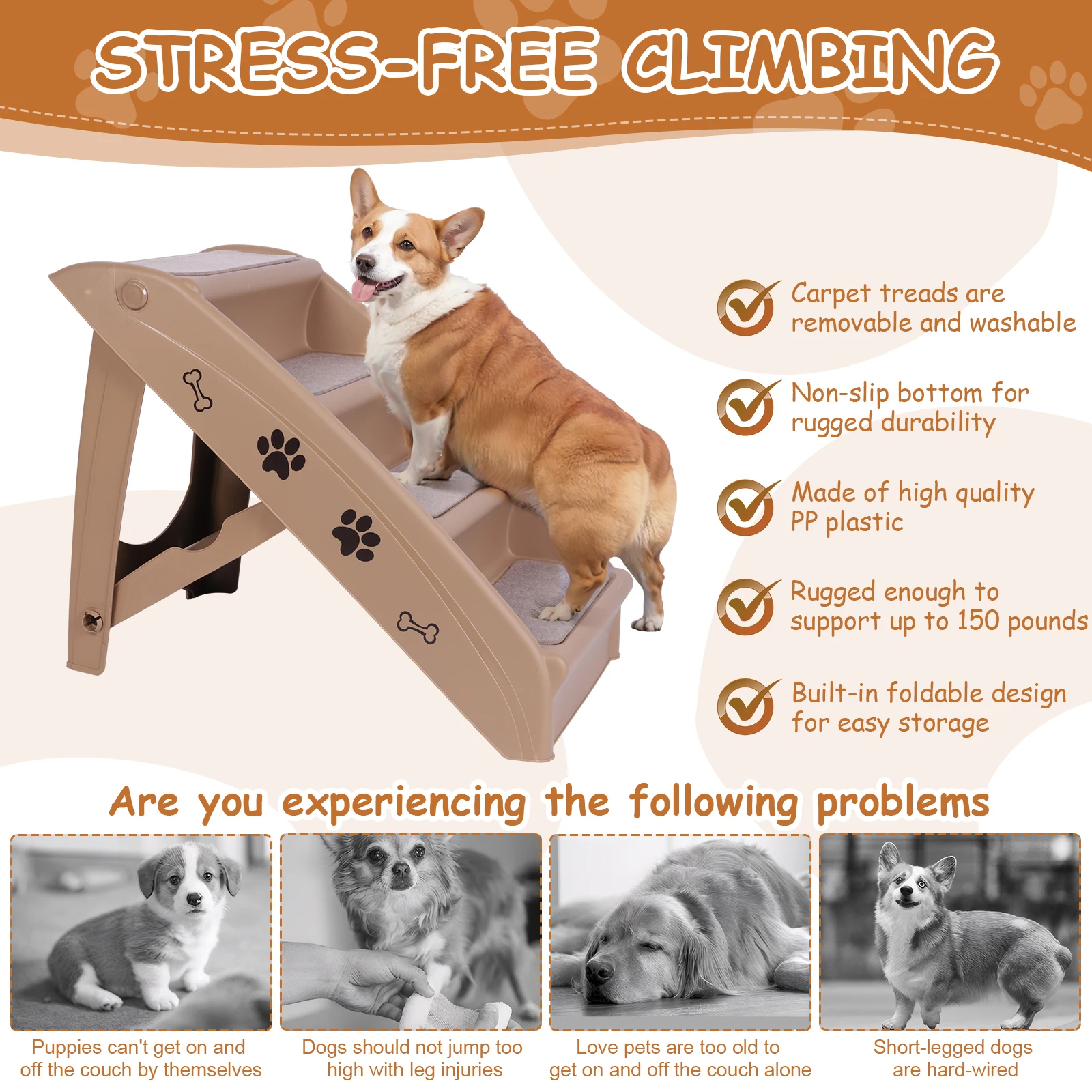 4-Step Pet Dog Stairs Folding Cat and Dog Steps Non-Slip Indoor Pet Steps Dog Stairs Ramp Sofa Ladder for Small Pet Dogs Cats