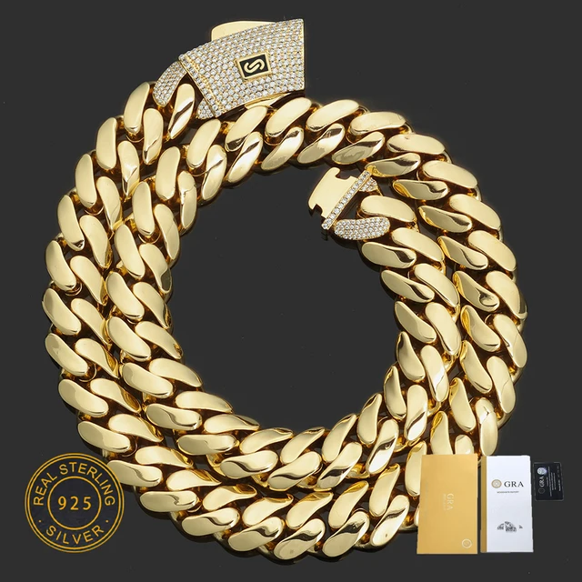Hip Hop Jewelry Electroplating 14k Gold Ice Moissanite Clasp 925 Silver VVS Monaco Cuban Chain Thick Necklace For Men And Women