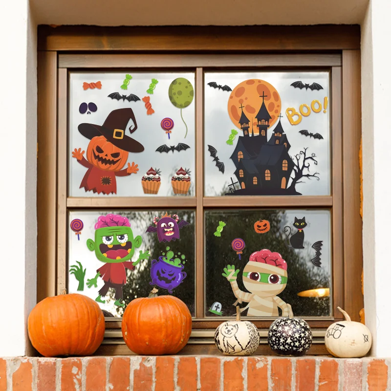 9Pcs Halloween Wall Stickers Cartoon Witch Pumpkin Mummy Waterproof Window Stickers For Halloween Party Home Bar Wall Decal