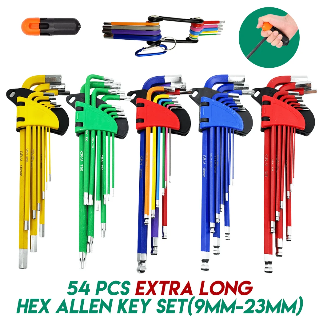 54 PCS Extra Long Arm Wrench Allen Key Hex Set Metric + Imperial + Torx Key