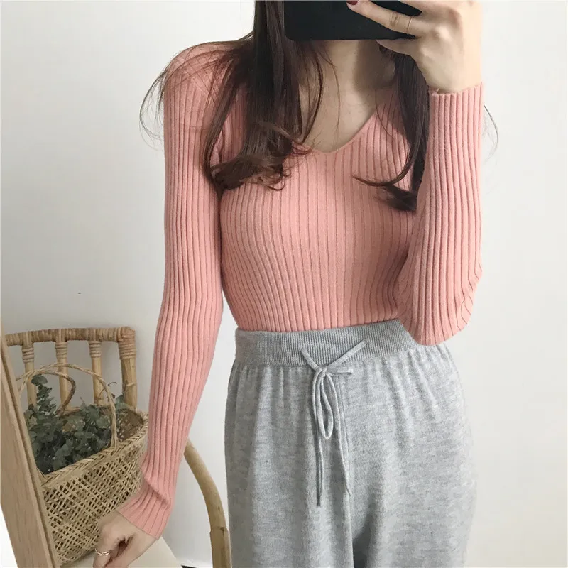 V-Neck Long Sleeved Slim Fit Base Sweater For Women Autumn And Winter Style Stylish Versatile Top Multi-Color Knitted Sweater 2